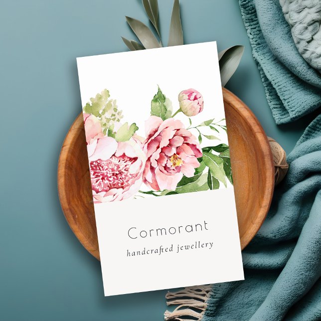 Carte De Visite Elégant rose rose vert Aquarelle Peony Floral (Créateur téléchargé)