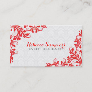 Carte De Visite Élégant rouge dentelle blanc Damas