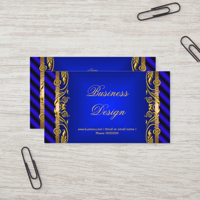 Carte De Visite Élégant Royal Blue Gold Floral Ripple (Devant/Arrière en situation)