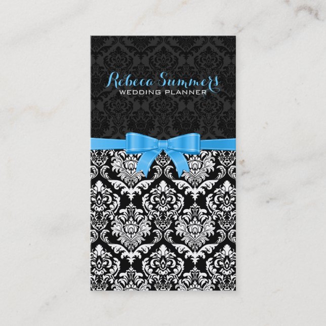 Carte De Visite Élégant ruban bleu noir et blanc Damas 2b (Devant)
