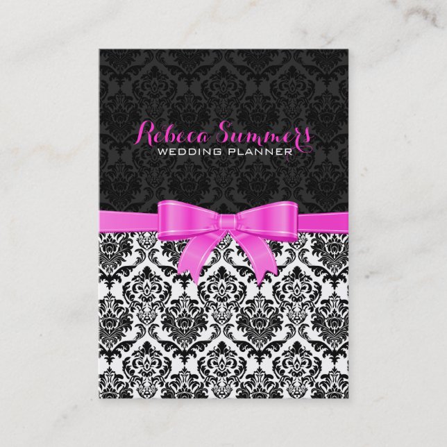 Carte De Visite Élégant ruban rose noir et blanc Damas 2 (Devant)