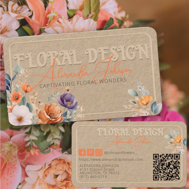 Carte De Visite Elégant Rustique Kraft Boho Floral Design Embossé (Créateur téléchargé)