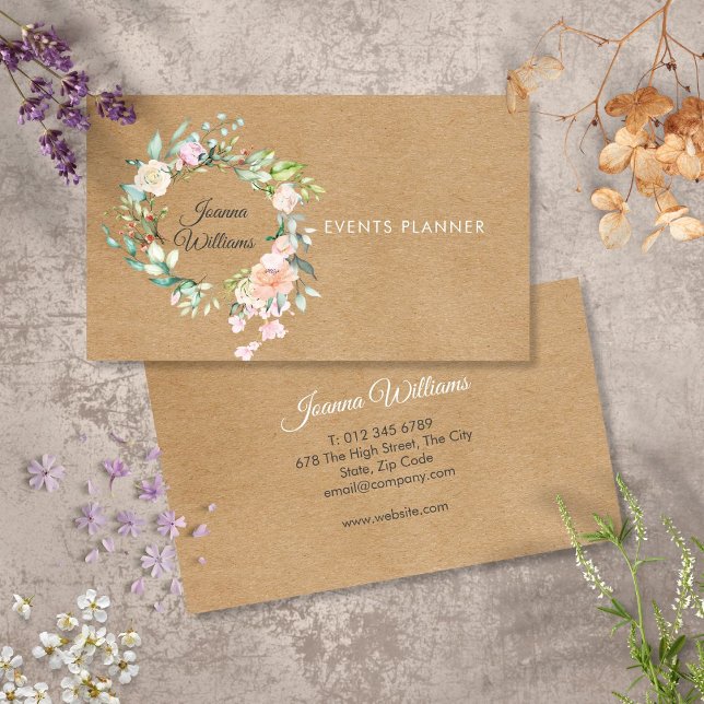 Carte De Visite Elégant Rustique Kraft Boho Rose Garland Floral (Elegant Rustic Kraft Boho Rose Garland Floral Business Card)