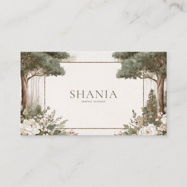 Carte De Visite Elegant Sage Forest Gold Frame White Floral (Devant)