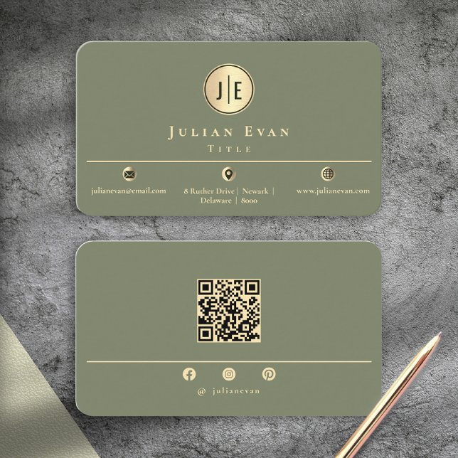 Carte De Visite Elegant Sage Green Gold Shiny Circle Monogram (Elegant Sage Green Gold Shiny Circle Monogram Business Card)