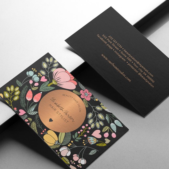 Carte De Visite Elégant salon de beauté floral noir et rose pastel (Créateur téléchargé)