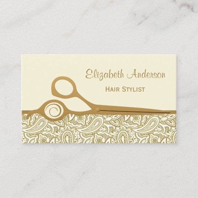Carte De Visite Elégant salon de coiffure Gold et Ivory Paisley (Devant)