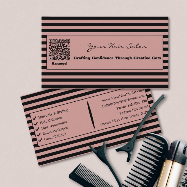 Carte De Visite Elégant salon de coiffure rose et noir Toscane (Elegant Tuscany Pink and Black Striped Hair Salon Business Card)