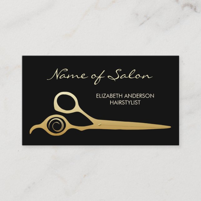 Carte De Visite Elégant salon noir et or ciseaux coiffeur (Devant)