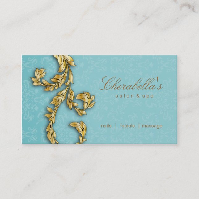 Carte De Visite Elégant Salon Spa Floral Gold Leaf Bleu (Devant)