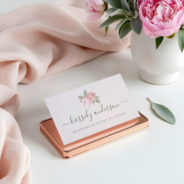 Carte De Visite Elégant Script Aquarelle rose Peony Botanique (Elegant Script Watercolor Pink Botanical Peony Business Card)