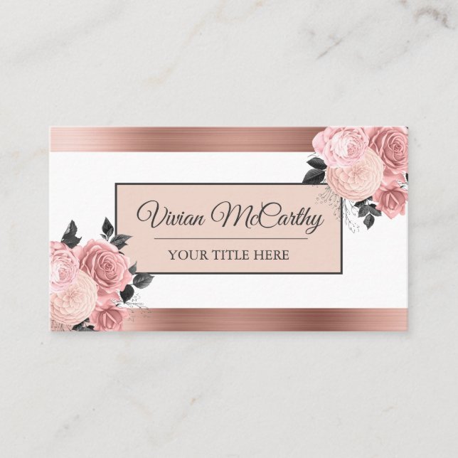 Carte De Visite Élégant Script Blush Rose Floral & Foil (Devant)