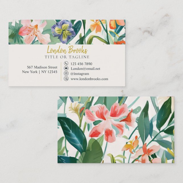 Carte De Visite Élégant script floral or | Médias sociaux (Devant / Derrière)