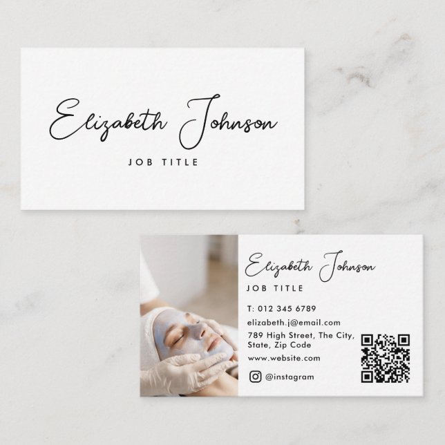 Carte De Visite Élégant Script Modern Chic Photo QR Code (Devant / Derrière)