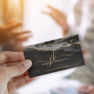 Carte De Visite Élégant Script Monogram Black Agate Gold Parties s