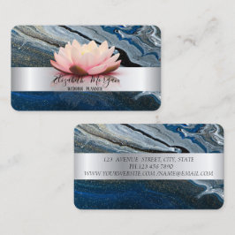 Carte De Visite Elégant Silver Stripe Lotus Blue Marble
