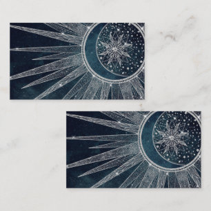 Carte De Visite Elégant Silver Sun Moon Doodle Mandala Blue Design