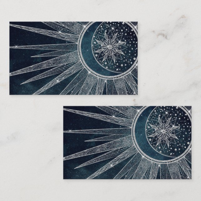 Carte De Visite Elégant Silver Sun Moon Doodle Mandala Blue Design (Devant / Derrière)