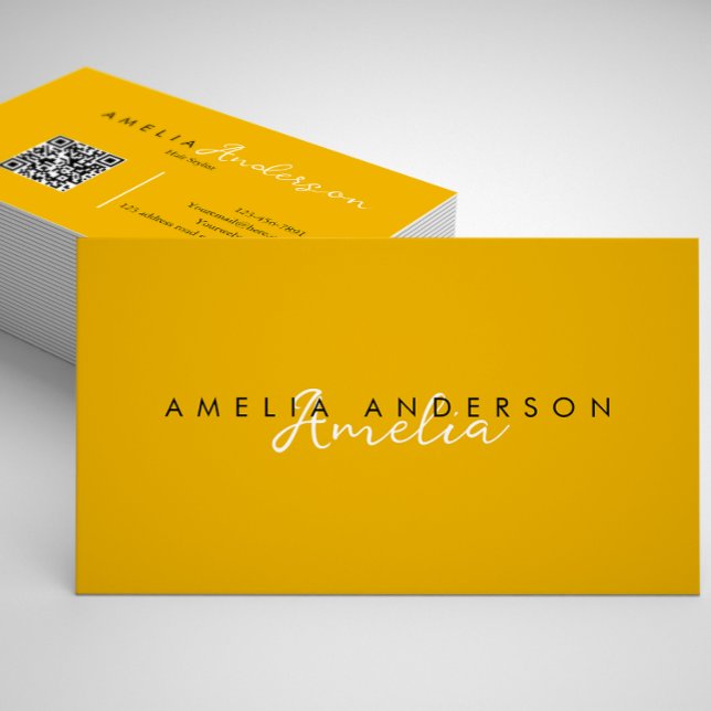 Carte De Visite Élégant Simple Mustard Yellow Script code QR (Créateur téléchargé)