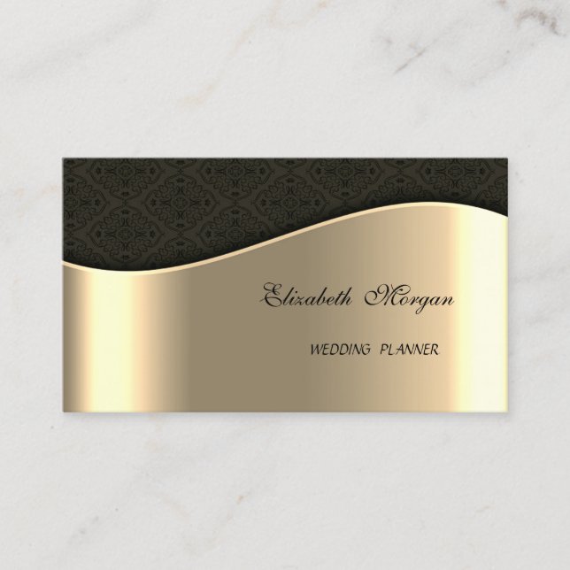 Carte De Visite Elégant Sophistiqué Faux Gold, Black Damask (Devant)