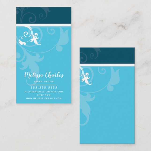 Carte De Visite ELEGANT style verve feuillage mignon turquoise aqu (Devant / Derrière)