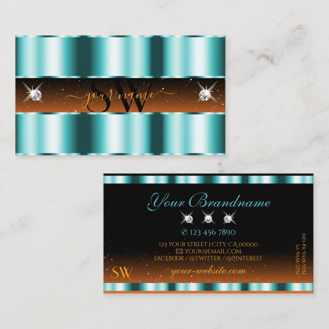 Carte De Visite Élégant Turquoise Orange Noir Épargne Bijoux Initi (Devant / Derrière)