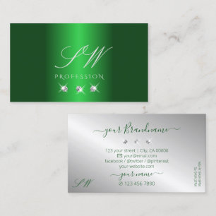 Carte De Visite Élégant Vert Argent Sparkling Diamants Initiales