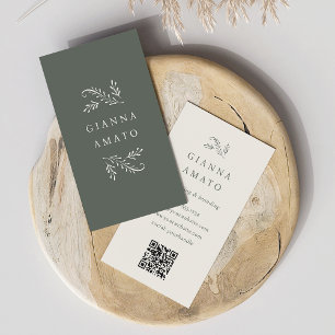 Carte De Visite Élégant vert et crème Botanique QR Code vertical