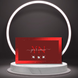 Carte De Visite Elégant vin rouge étincelant diamants avec Monogra
