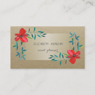 Carte De Visite Elégant Vintage, Kraft, Fleurs aquarelles