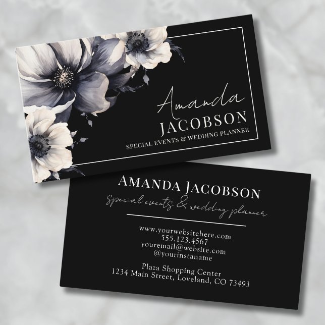 Carte De Visite Élégant Wedding planner d'événements Black Floral (Elegant Event Wedding Planner Black Floral Business Card)