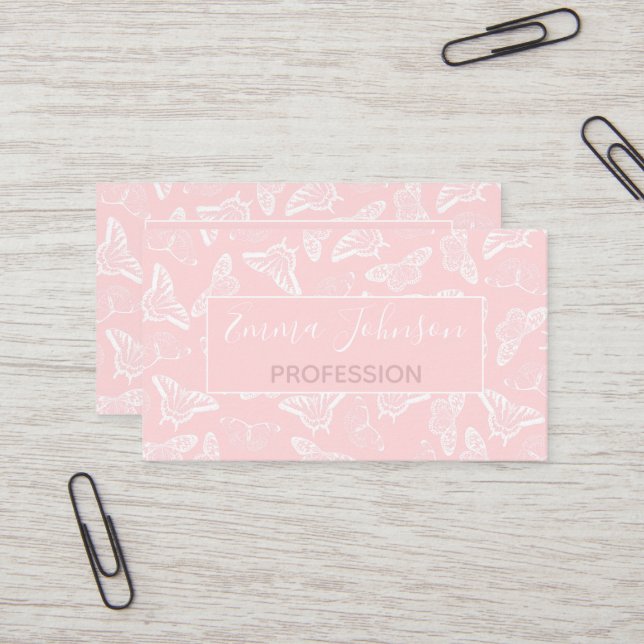 Carte De Visite Elegant White Butterflies Rose Design (Devant/Arrière en situation)