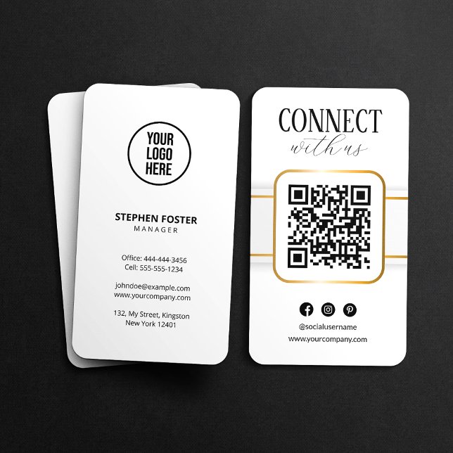 Carte De Visite Élégant White Gold Connect avec nous QR Code socia (Créateur téléchargé)