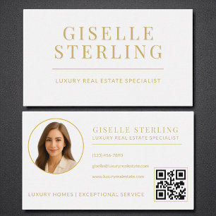 Carte De Visite Elégant White Gold Real Estate Agent QR Code Photo