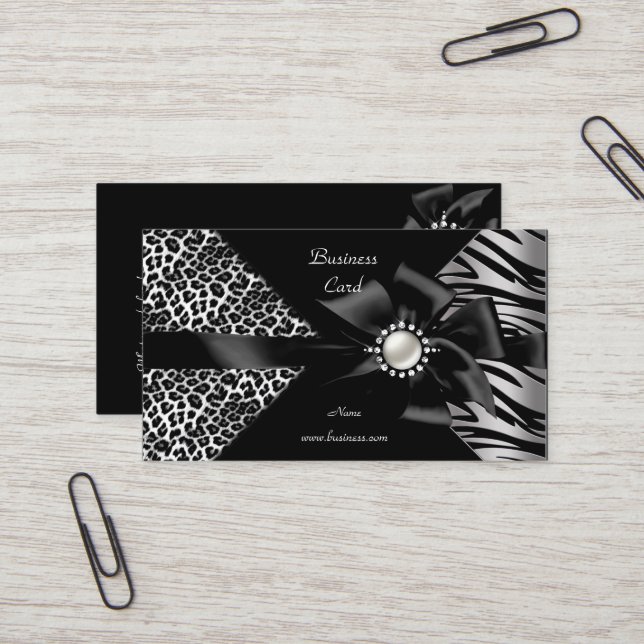 Carte De Visite Elégant Zebra Leopard Black Diamond look (Devant/Arrière en situation)
