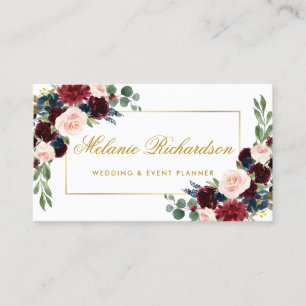 Carte De Visite Elégante aquarelle Bourgogne bleu or floral
