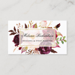 Carte De Visite Elégante aquarelle Bourgogne Marsala Floral Gold