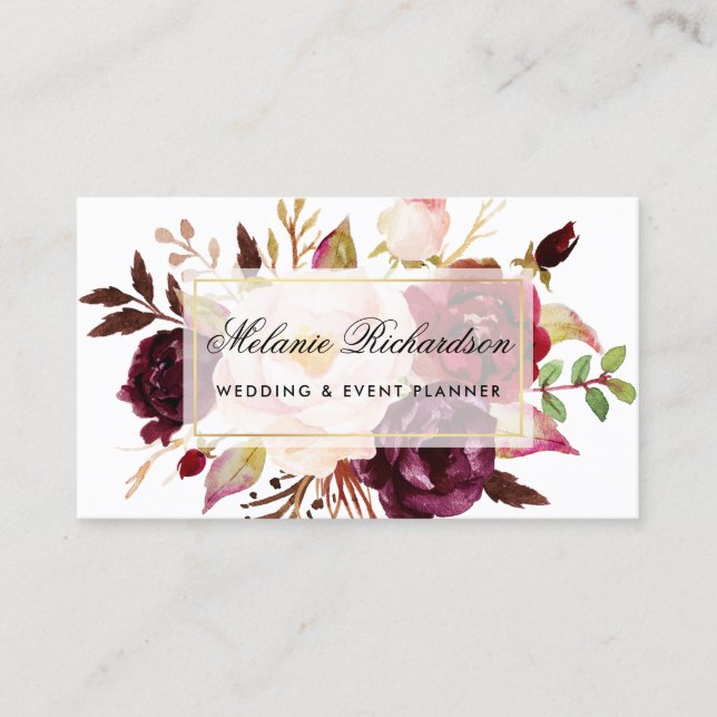Carte De Visite Elégante aquarelle Bourgogne Marsala Floral Or (Devant)