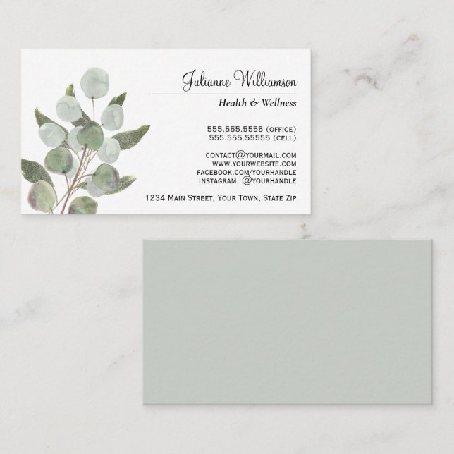 Carte De Visite Elégante aquarelle Eucalyptus Feuille Feminine (Devant / Derrière)