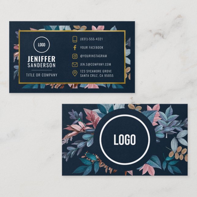 Carte De Visite Elégante aquarelle Fleurs Custom Social Media (Devant / Derrière)