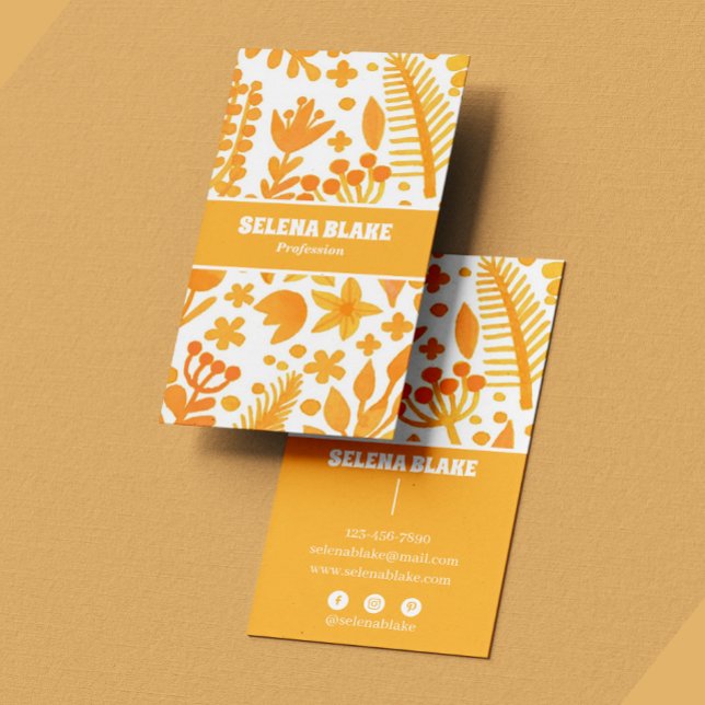 Carte De Visite Elégante aquarelle | Fleurs orange artisanales (Créateur téléchargé)