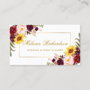 Carte De Visite Elégante aquarelle Florale Bourgogne Or