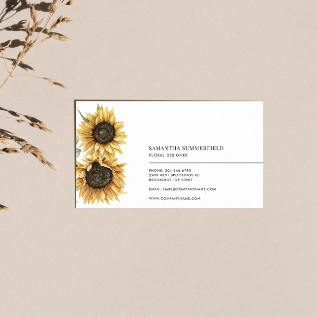 Carte De Visite Elégante aquarelle florale de tournesol (Floral Sunflower Bloom Modern Business Card)
