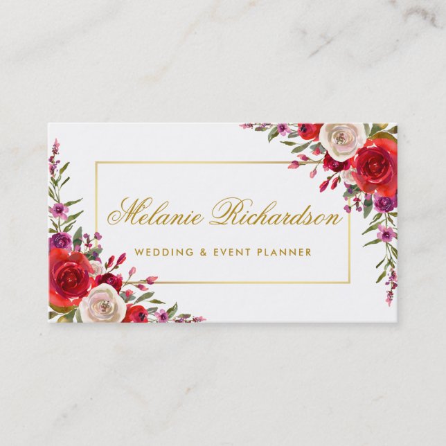 Carte De Visite Elégante aquarelle florale et cadre doré (Devant)