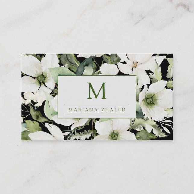 Carte De Visite Elégante aquarelle florale noir et blanc (Devant)