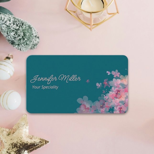 Carte De Visite Elégante aquarelle florale pastel bleu foncé (Chic design, blue turquoise, watercolor, Sakura flower of Japan )