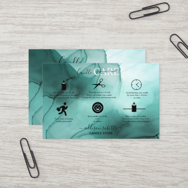 Carte De Visite Elégante aquarelle moderne Turquoise Bougie d'entr (Devant/Arrière en situation)