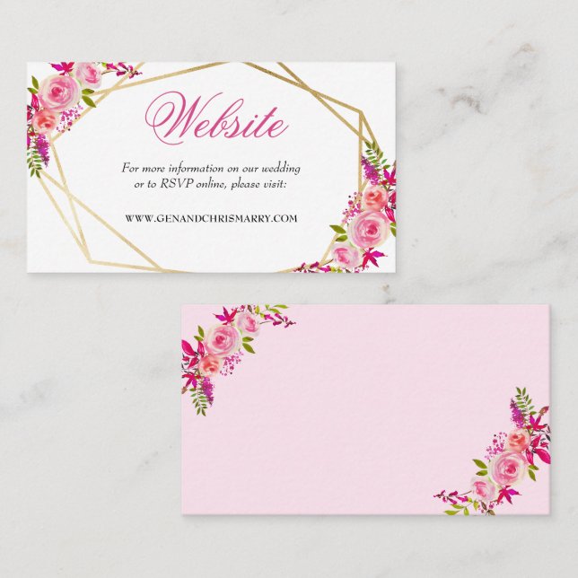 Carte De Visite Elégante aquarelle PInk Floral Mariage Website (Devant / Derrière)