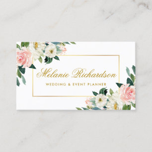 Carte De Visite Elégante Aquarelle rose Blush Blanc Floral Or