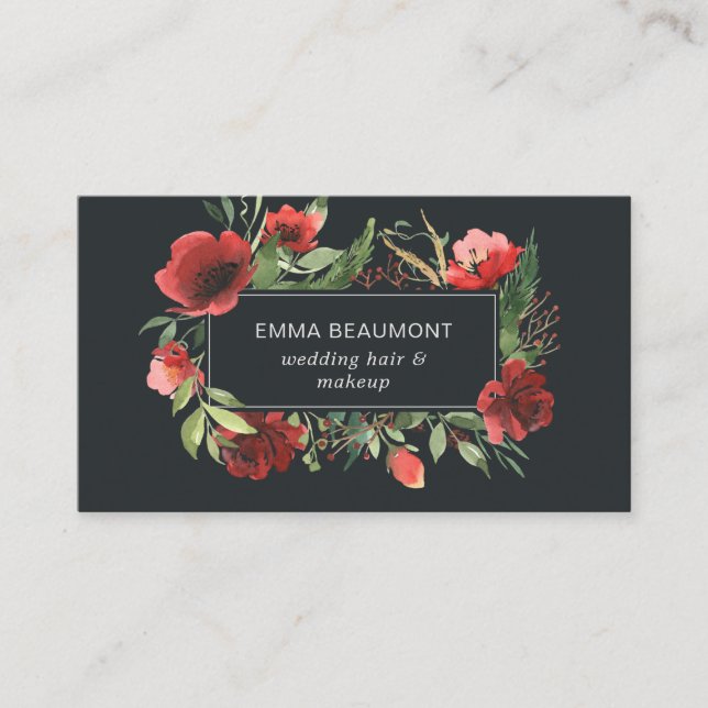 Carte De Visite Elégante aquarelle rouge Floral Fleur Vert (Devant)